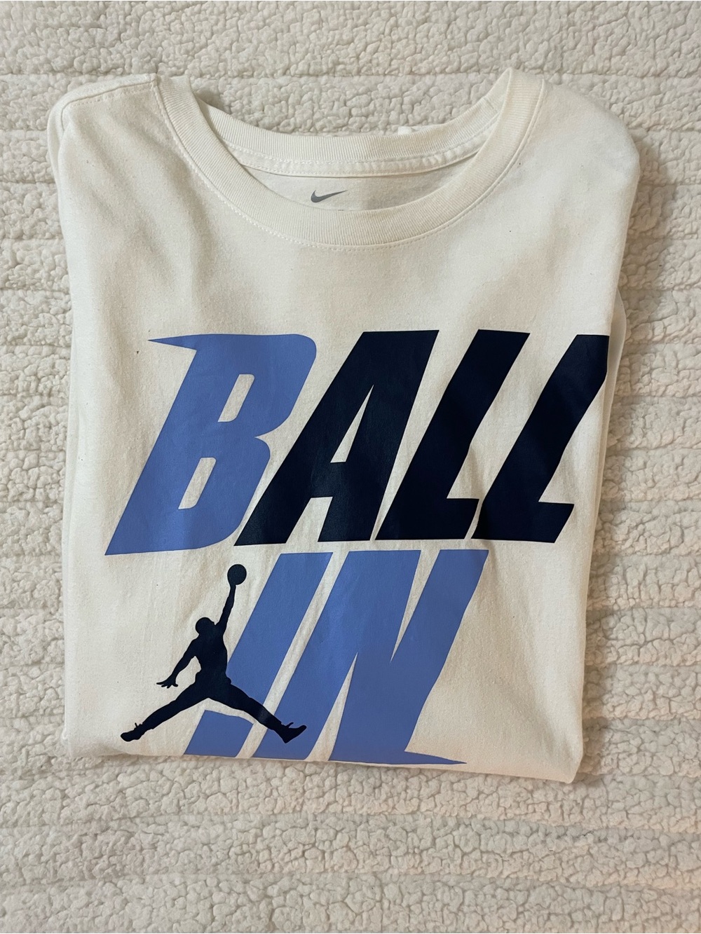 Hard to find Nike UNC White Graphic Tee with Blue and Navy 'B ALL IN'